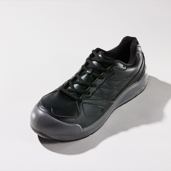 A black shoe with laces and a black sole, perfect for any occasion.