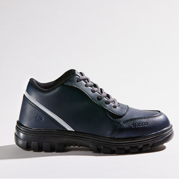 A stylish pair of blue leather shoes with white trim, perfect for adding a touch of elegance to any outfit.