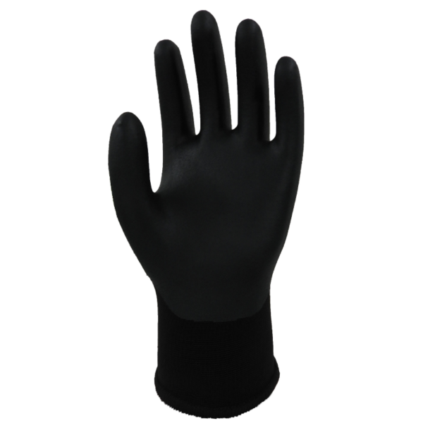 Black rubber glove on white background.