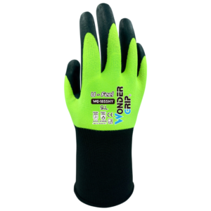 Green and black work gloves, ideal for gardening or construction projects.