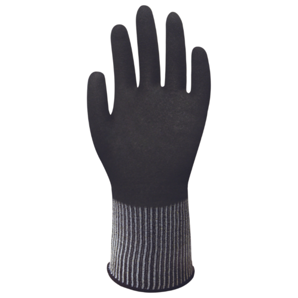 A black and gray work glove with a white stripe, providing hand protection for various tasks.