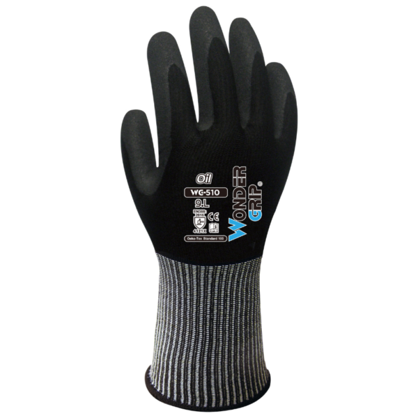 A black and gray work glove with a white stripe, providing hand protection for various tasks.