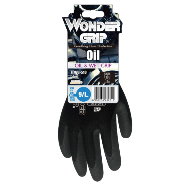 Durable Wonder Grip oil-resistant gloves for tough jobs.