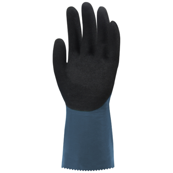 Blue rubber gloves with black palm for protection during cleaning tasks.