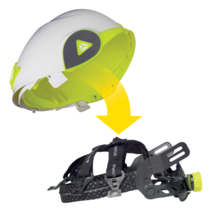 Protective helmet with attached harness for secure fit during work or activities.