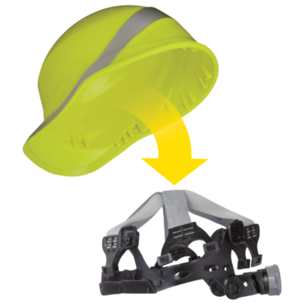 Yellow hard hat with attached safety harness, essential for construction workers to stay safe on site.