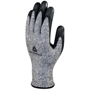 Black and gray work gloves for heavy-duty tasks, providing protection and grip for hands during work.