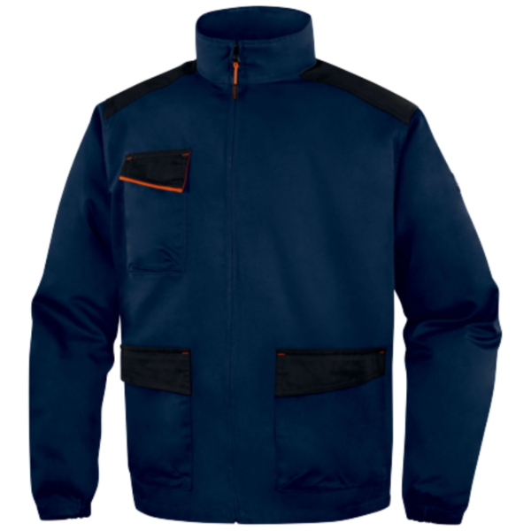 Navy blue men's work jacket featuring vibrant orange accents for a stylish and functional look.