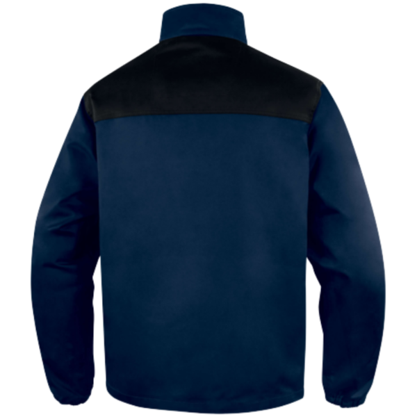 Back view of a navy and black jacket, showcasing its sleek design and contrasting colors.