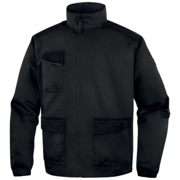 A soft, lightweight black jacket displayed, showcasing its sleek design and comfortable fabric.