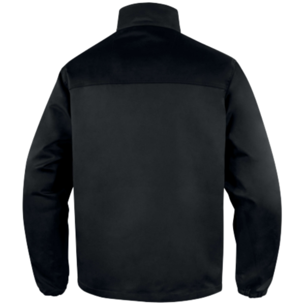 Back view of a black jacket featuring a zipper on the chest, showcasing its sleek design and modern style.