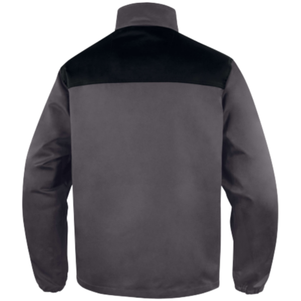 Back view of a stylish gray and black jacket, showcasing its sleek design and modern aesthetic.