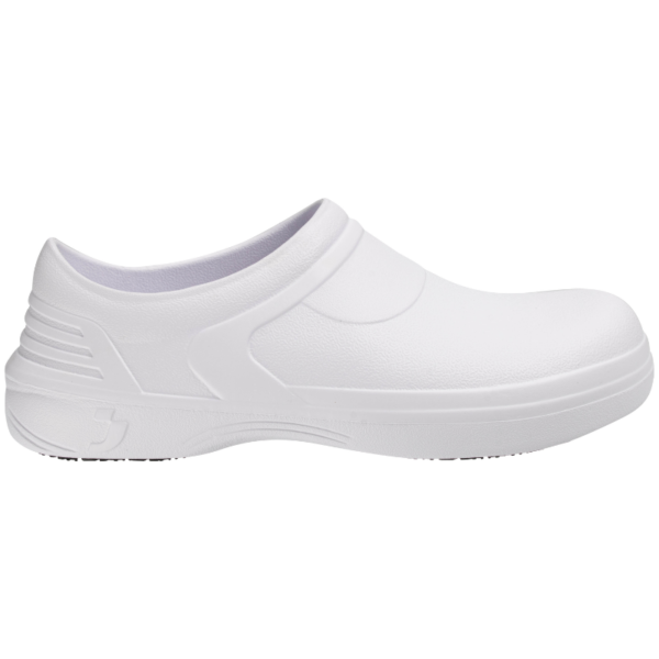 A white slip-on shoe featuring a sleek design and a matching white sole.