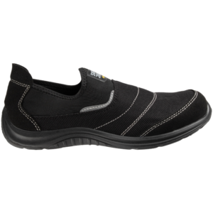 Black slip-on shoe featuring white stitching.