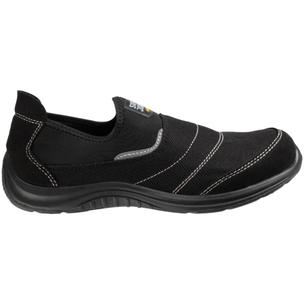 Black slip-on shoe featuring white stitching.