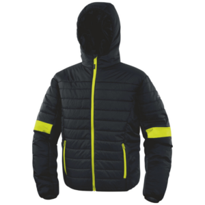 Men's black and yellow jacket featuring reflective trims for enhanced visibility and style.