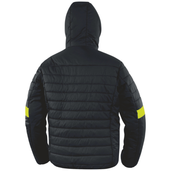 A black and yellow jacket viewed from the back, showcasing its vibrant colors and design.