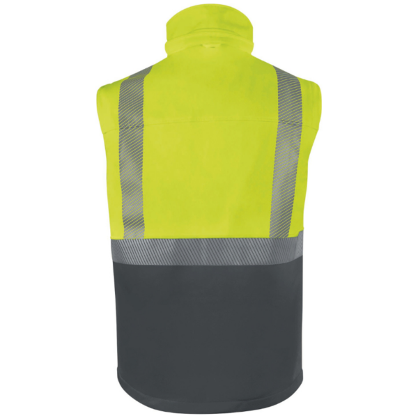 A yellow and black vest featuring reflective stripes