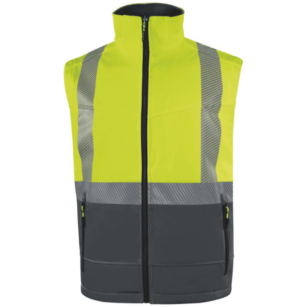 A bright yellow and black safety vest