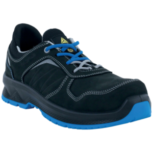 Safety shoes featuring blue laces and sturdy black soles